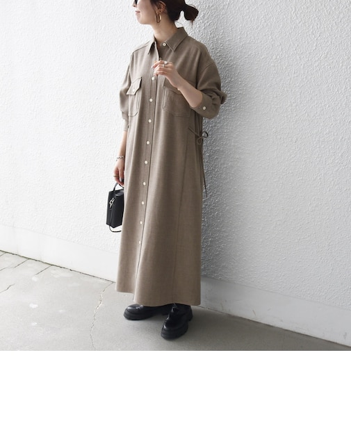 《予約》〈洗濯機可能〉ウールライク ポケット フレア ロング ワンピース［NAVY BLUE］