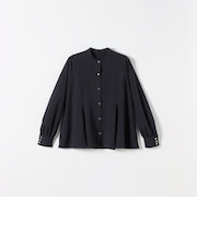 〈洗濯機可能〉裏起毛 バンドカラー フレア ブラウス［NAVY BLUE］