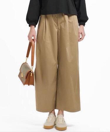 ウエストギャザーストレッチ ダブルタックワイドパンツ
