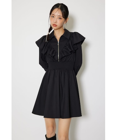 フロントZIPフリルミニシャツワンピース
