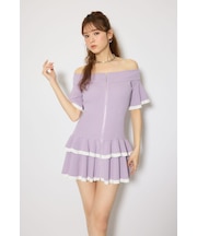 オフショルフロントジップニットミニワンピース