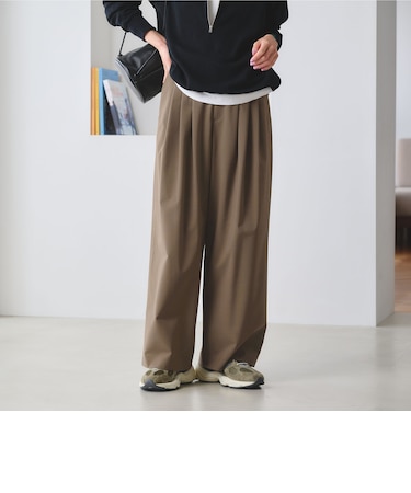 毛ポリエステルブレンド ワイドタックパンツ 防シワ ウォッシャブル