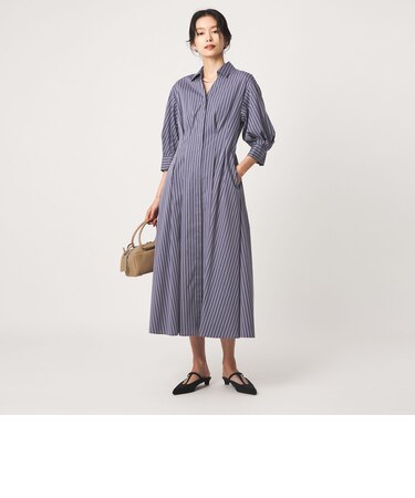 ［size SHORTあり］シャツ襟 フィット＆フレア タック 5分袖 ワンピース