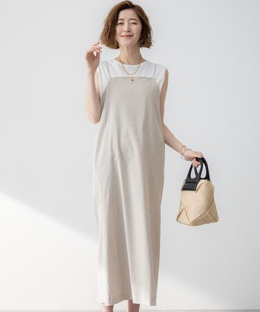 【洗える】リネンレーヨンストレッチ  Iライン キャミソール ワンピース