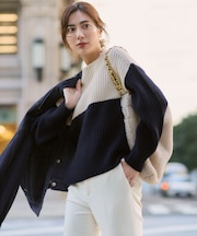 【洗える】ウールカシミヤ カラーブロック バルキー ニット