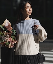 【洗える】ウールカシミヤ カラーブロック バルキー ニット