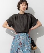 リネンライクグロッシー バンドカラー ブラウス