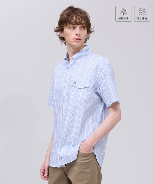 ひんやりで品あり【吸水速乾 / 接触冷感 / 高通気性】Aero Weave クールマックスサッカー ストライプ シャツ / B.D.