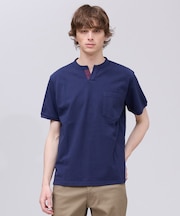 【大人カジュアル】コットンカノコ キーネックポケット Tシャツ