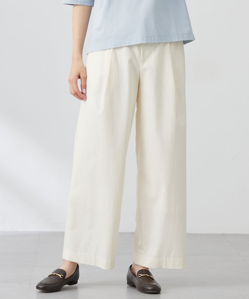 【洗える】セルロースリネンストレッチ タックワイドパンツ