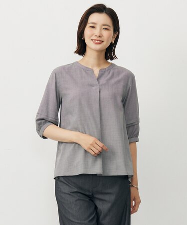 【洗える】ウォッシャブルキュプラツイル キーネック ブラウス
