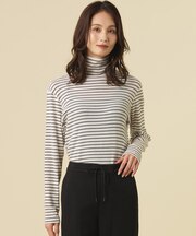 【レイヤードスタイルに】カシミヤシルク シアーリブ ボーダー タートル カットソー
