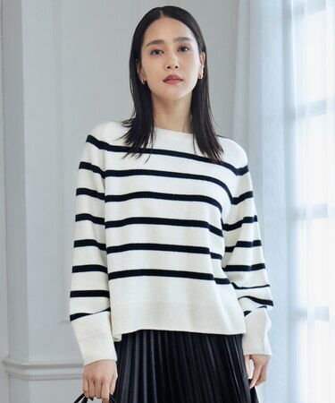 【洗える】ウールカシミヤブレンドボーダークルーネック ニット