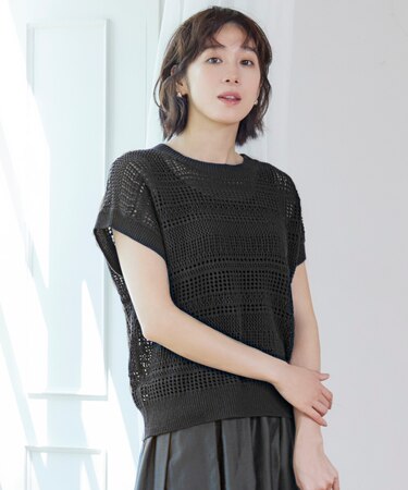 【洗える】レーシーリネンコットン ニット