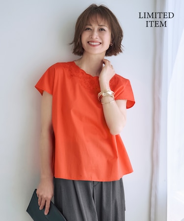 【WEB限定・接触冷感・洗える】エンブロイダリーローンプルオーバー ブラウス