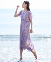 【SHIHOさん着用・シアーな抜け感】ハーバリウムフラワープリントVネック ワンピース
