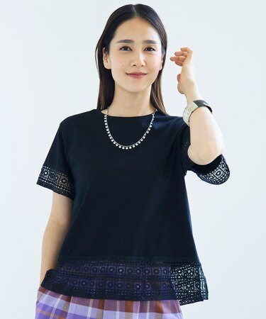 【色違いで揃える方多数・汗ジミ防止】ナチュラルコットンハイゲージレースドッキング Tシャツ