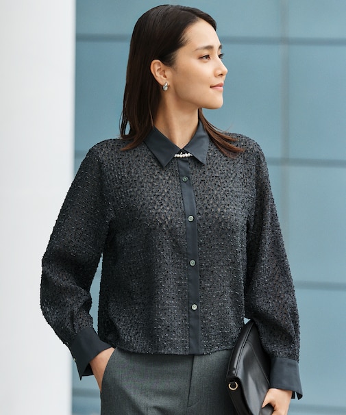 【SHIHOさん着用・一枚でも羽織でも・上品に着映える】シアーカットジャガードクロップド丈 シャツブラウス