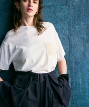 【洗える】NADIA / レザーポケット付き半袖ニットTシャツ