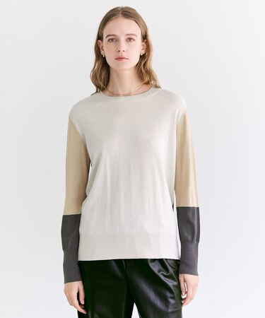 CHLOR / ウールシルク配色クルーネックニット