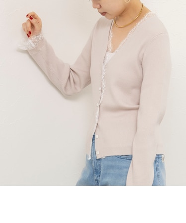 【ご好評につき新色登場】《手洗い可能》レース付きリブVネックカーディガン