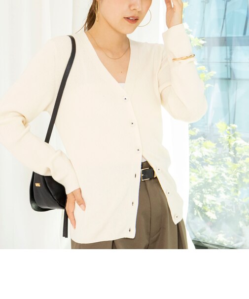 《アンサンブル対応/手洗い可能》リブVネックカーディガン配色ボタン