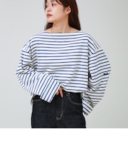 【ユニセックス】ワイドバスクシャツ ボートネック ボーダー オーバーサイズ