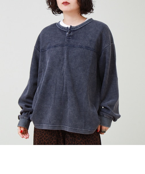 【ヴィンテージライク】硫化染めワッフル ヘンリーネックロングスリーブTシャツ