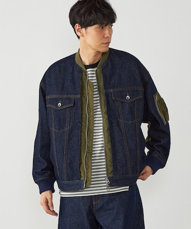 デニム×ポリエステルツイル切替ブルゾン