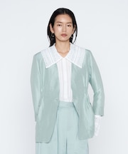 《セットアップ対応》リネン×シルクツイル ノーカラー タックジャケット