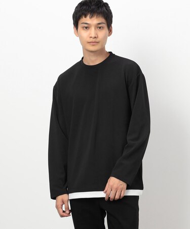 タテ畝ストレッチポンチ フェイクレイヤード クルーネックTシャツ (長袖)