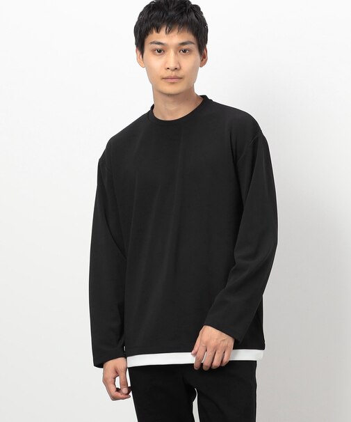 タテ畝ストレッチポンチ フェイクレイヤード クルーネックTシャツ (長袖)