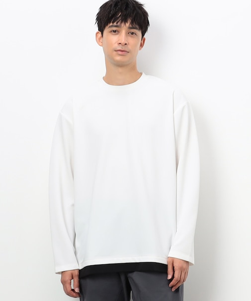 タテ畝ストレッチポンチ フェイクレイヤード クルーネックTシャツ (長袖)