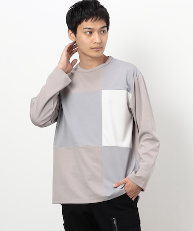 カラーブロック パッチワーク クルーネックTシャツ(長袖)
