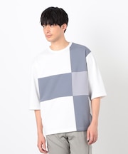 七分袖 カラーブロック パッチワークTシャツ