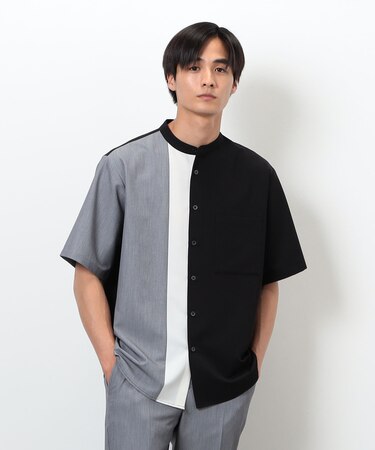 ウールライク バンドカラー ブロッキング半袖シャツ