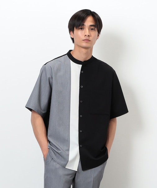 ウールライク バンドカラー ブロッキング半袖シャツ