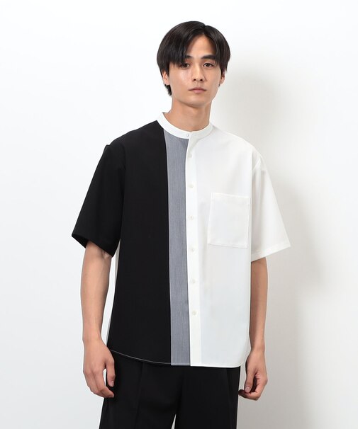 ウールライク バンドカラー ブロッキング半袖シャツ
