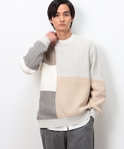 パッチワーク風 クルーネックニット
