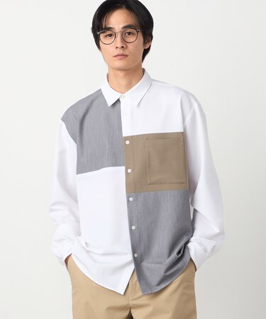ウールライク ストレッチツイル ブロッキングシャツ