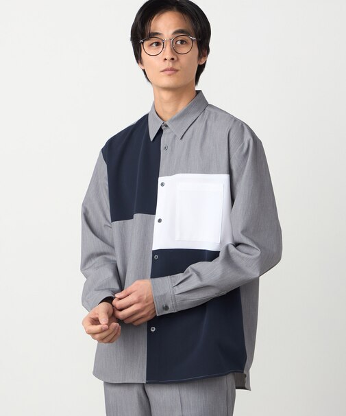ウールライク ストレッチツイル ブロッキングシャツ