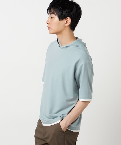 【吸水速乾】フェイクレイヤード フーデッド Tシャツ