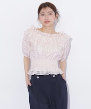 フリルギャザーチェックブラウス
