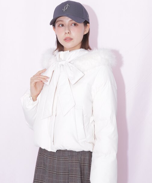 フェイクファー付きリボンショートダウン