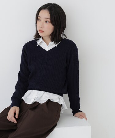 ミニケーブルVネックニット