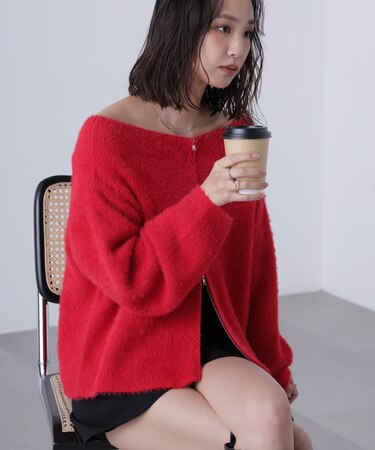前後2WAYオフショルシャギージップカーディガン