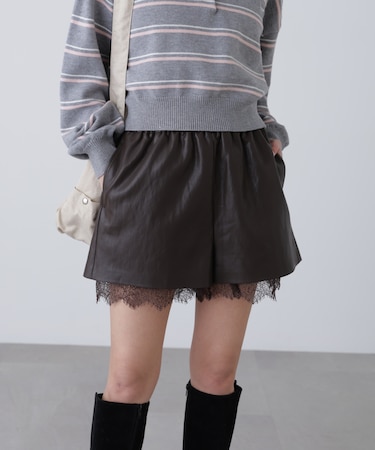 レースレイヤードエコレザーショートパンツ