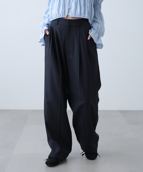 [低身長サイズ／Sシリーズ]梳毛調合繊タックワイドパンツ