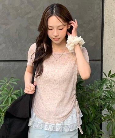 メランジドロスト半袖レースティアードキャミセット
