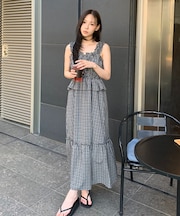 シャーリングティアードチェックキャミワンピース